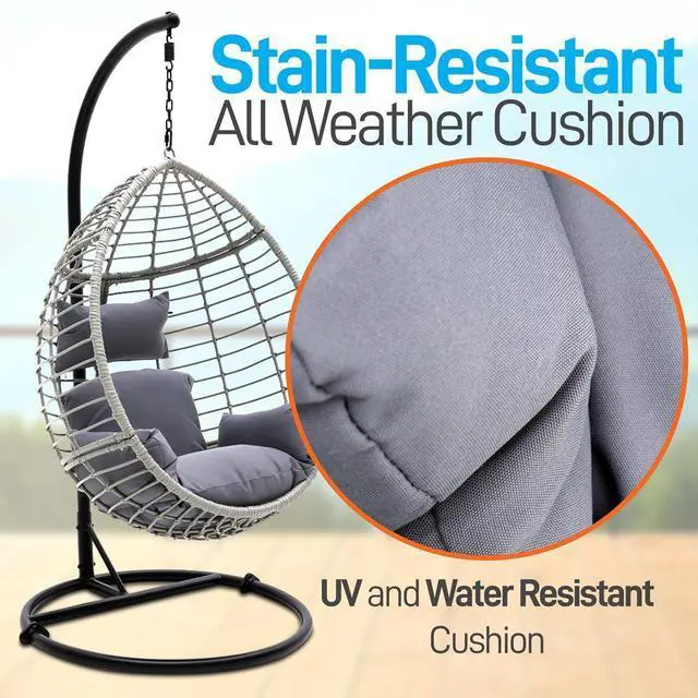 Alt view image 6 of 7 - SereneLife Wicker Rattan Swing Chair with Cushions, Powder-Coated Steel Frame, Outdoor/Indoor Garden Decoration (Black) - SLGZ0EGBL