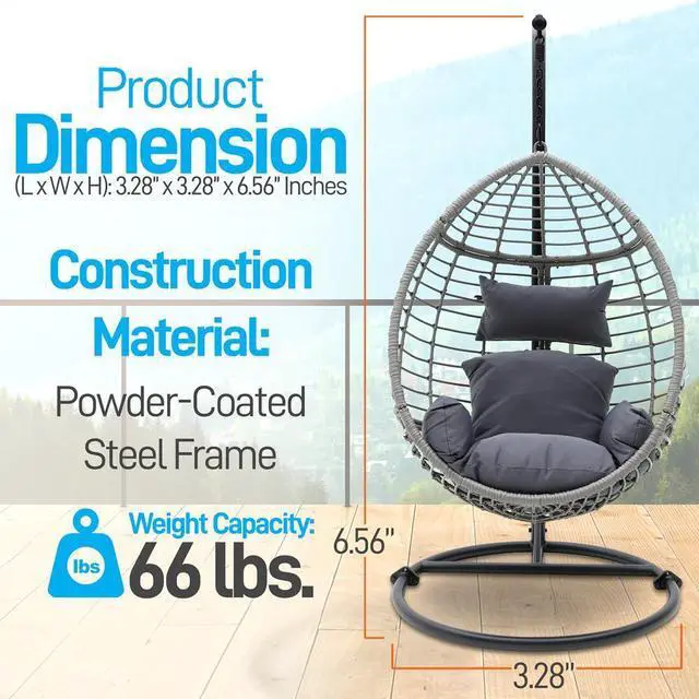 Alt view image 4 of 7 - SereneLife Wicker Rattan Swing Chair with Cushions, Powder-Coated Steel Frame, Outdoor/Indoor Garden Decoration (Black) - SLGZ0EGBL