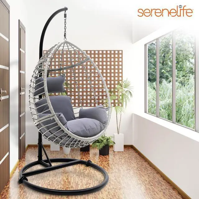 Alt view image 2 of 7 - SereneLife Wicker Rattan Swing Chair with Cushions, Powder-Coated Steel Frame, Outdoor/Indoor Garden Decoration (Black) - SLGZ0EGBL