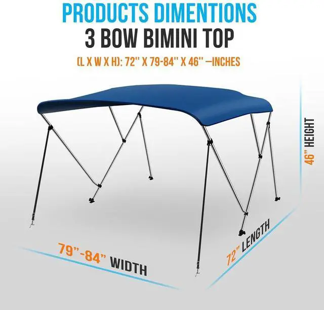 Alt view image 2 of 7 - SereneLife 3 Bow Bimini Top, Marine-Grade 600D Polyester Canvas with 2 Straps, Rear Support Poles, and Aluminum Frame - SLBT3RB794