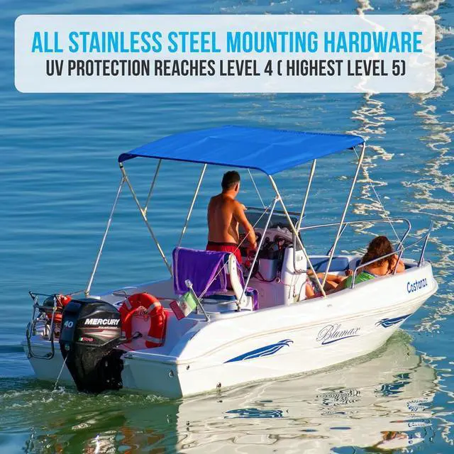 Alt view image 4 of 7 - SereneLife 3 Bow Bimini Top, Marine-Grade 600D Polyester Canvas with 2 Straps, Rear Support Poles, and Aluminum Frame - SLBT3RB794
