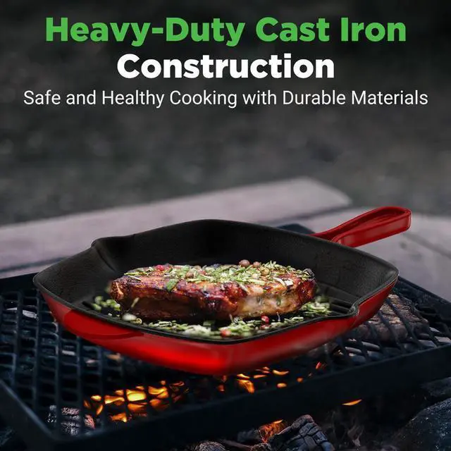 Alt view image 5 of 7 - NutriChef Cast Iron Square Skillet Grill Pan with Porcelain Enamel Coating, Non-Stick, Square Grilling Pan - NCCIES47