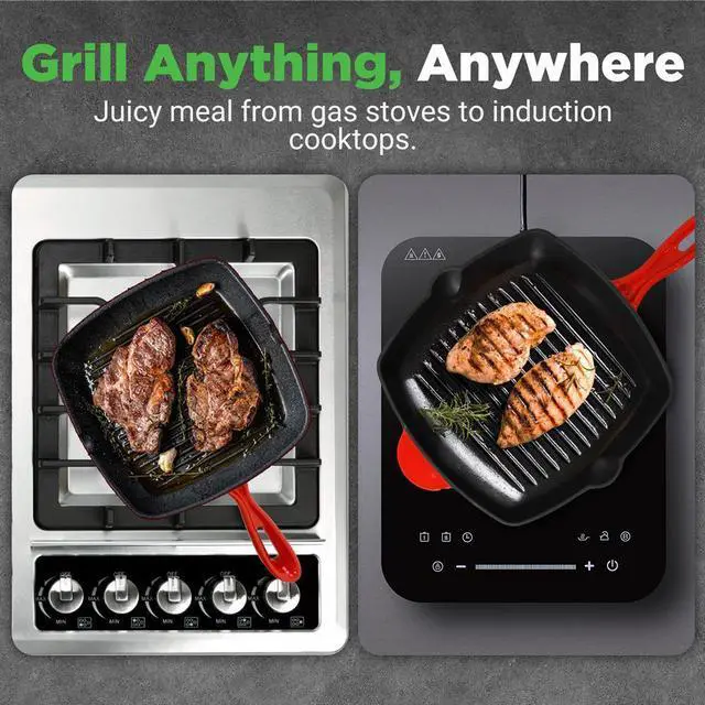 Alt view image 3 of 7 - NutriChef Cast Iron Square Skillet Grill Pan with Porcelain Enamel Coating, Non-Stick, Square Grilling Pan - NCCIES47