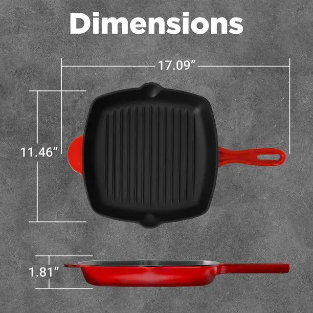 Alt view image 4 of 7 - NutriChef Cast Iron Square Skillet Grill Pan with Porcelain Enamel Coating, Non-Stick, Square Grilling Pan - NCCIES47