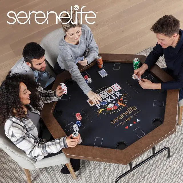 Alt view image 2 of 7 - SereneLife Octagonal Poker/Casino Game Table with Cushioned Rail, 8 Players, Foldable & Portable - SLPTH740