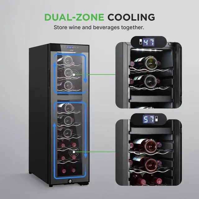 Alt view image 2 of 7 - NutriChef Wine Chilling Refrigerator Cellar, 24-Bottle Capacity Dual-Zone Wine Cooler, Digital Touch Control, Glass Door - PKCWCDS245