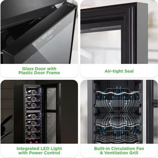 Alt view image 3 of 7 - NutriChef Wine Chilling Refrigerator Cellar, 24-Bottle Capacity Dual-Zone Wine Cooler, Digital Touch Control, Glass Door - PKCWCDS245