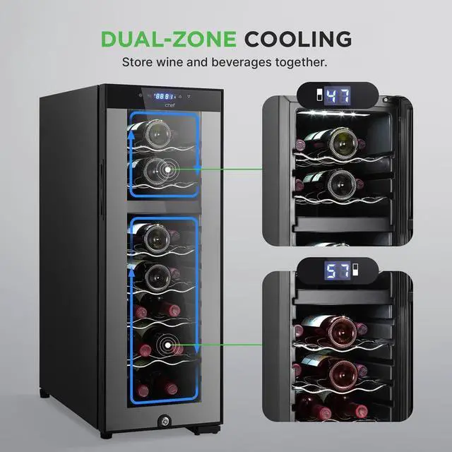 Alt view image 7 of 7 - NutriChef Wine Chilling Refrigerator Cellar, 18-Bottle Capacity Dual-Zone Wine Cooler, Digital Touch Control, Glass Door - PKCWCDS182