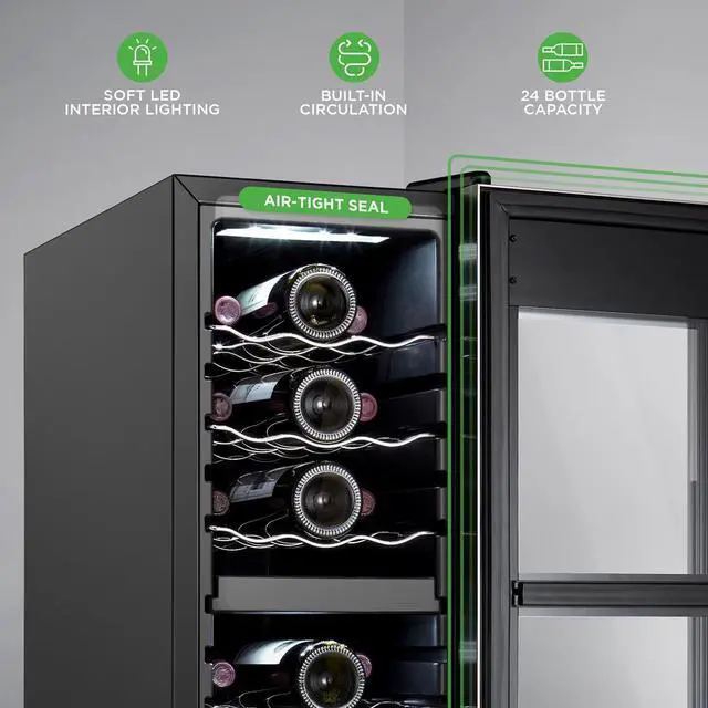 Alt view image 6 of 7 - NutriChef Wine Chilling Refrigerator Cellar, 24-Bottle Capacity, Dual-Zone Wine Cooler, Digital Touch Control, Stainless Steel Door Frame - PKCWCDS248