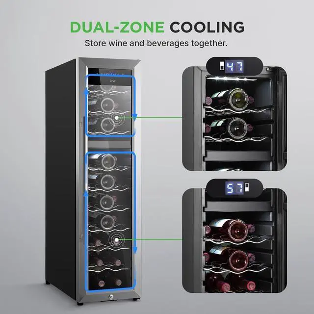 Alt view image 2 of 7 - NutriChef Wine Chilling Refrigerator Cellar, 27-Bottle Capacity, Dual-Zone Wine Cooler, Digital Touch Control, Stainless Steel Frame - PKCWCDS278