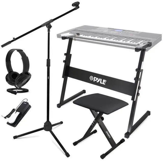 Main image of Pyle Z Shape Keyboard Stand with Headset, Keyboard Stool, Microphone Stand, and Sustain Pedal - PKST22SB