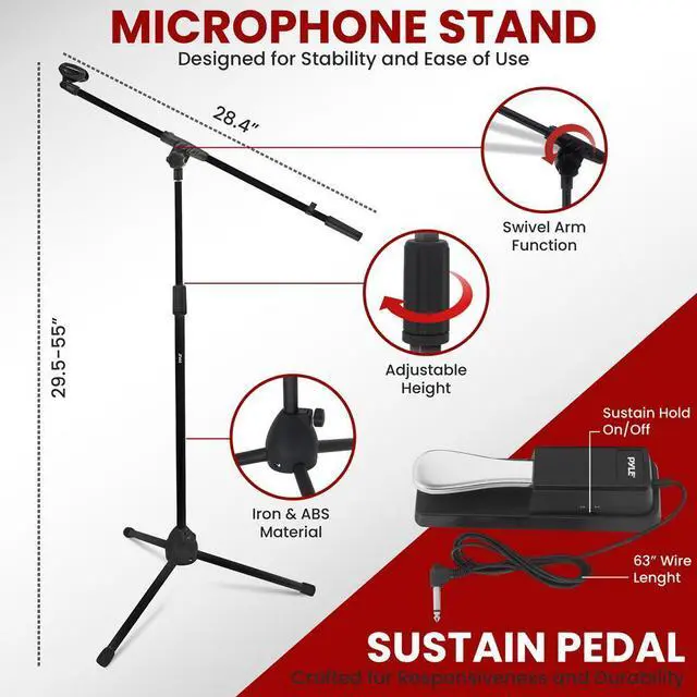 Alt view image 6 of 7 - Pyle Z Shape Keyboard Stand with Headset, Keyboard Stool, Microphone Stand, and Sustain Pedal - PKST22SB