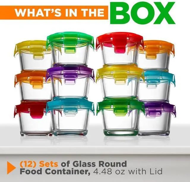 Alt view image 2 of 7 - NutriChef Glass Round Meal-Prep Containers, 12 Pcs, 4.48oz with Airtight Locking Lid, High Borosilicate Glass, Freezer to Oven Safe - NCGLBAB