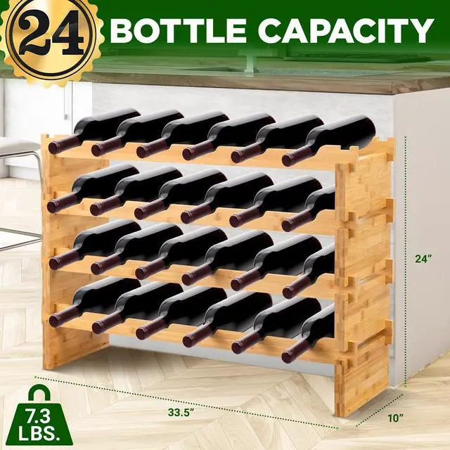 Alt view image 7 of 7 - NutriChef 4-Tier Bamboo Stackable Wine Rack with 24 Bottle Capacity, Free-Standing Modular Display Shelves, Wobble-Free, Natural Finish - SLWMDMG90