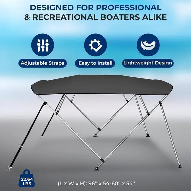 Alt view image 5 of 7 - SereneLife 4 Bow Bimini Top Boat Cover, Front Hold-Down Straps and Rear Support Arms, Marine-Grade 600 Denier Polyester, Aluminum Frame - SLBT460G