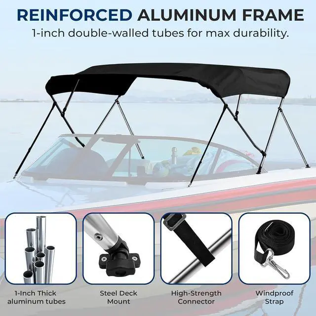 Alt view image 4 of 7 - SereneLife 4 Bow Bimini Top Boat Cover, Front Hold-Down Straps and Rear Support Arms, Marine-Grade 600 Denier Polyester, Aluminum Frame - SLBT460G