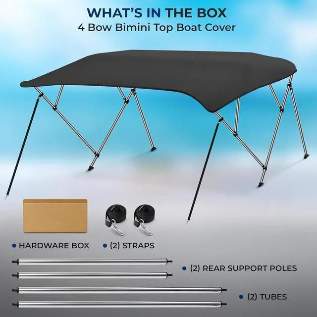 Alt view image 7 of 7 - SereneLife 4 Bow Bimini Top Boat Cover, Front Hold-Down Straps and Rear Support Arms, Marine-Grade 600 Denier Polyester, Aluminum Frame - SLBT460G