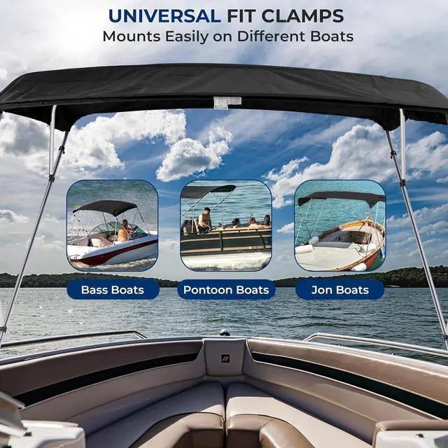 Alt view image 3 of 7 - SereneLife 4 Bow Bimini Top Boat Cover, Front Hold-Down Straps and Rear Support Arms, Marine-Grade 600 Denier Polyester, Aluminum Frame - SLBT460G