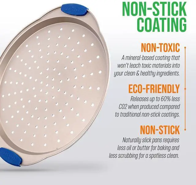 Alt view image 5 of 6 - NutriChef Non-Stick Pizza Pan with Gold Silicone Coating, Flexible & Nonstick Carbon Steel, 14.56'' x 12.99'' x 0.78'', PFOA Free - BKNCSBSG60PIZZAP