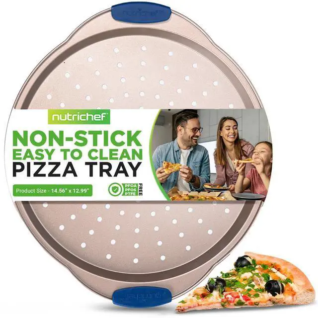 Main image of NutriChef Non-Stick Pizza Pan with Gold Silicone Coating, Flexible & Nonstick Carbon Steel, 14.56'' x 12.99'' x 0.78'', PFOA Free - BKNCSBSG60PIZZAP