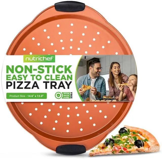 Main image of NutriChef Non-Stick Pizza Pan, Flexible Carbon Steel with Black Silicone Handles, Copper Silicone Coating, 14.6'' x 13'' x 0.79'' - BKNCSBS52SPIZZAP