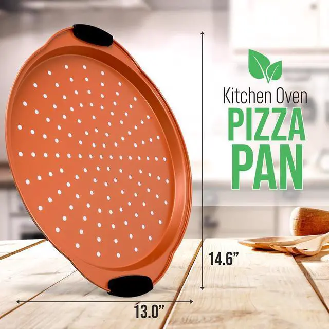 Alt view image 6 of 6 - NutriChef Non-Stick Pizza Pan, Flexible Carbon Steel with Black Silicone Handles, Copper Silicone Coating, 14.6'' x 13'' x 0.79'' - BKNCSBS52SPIZZAP