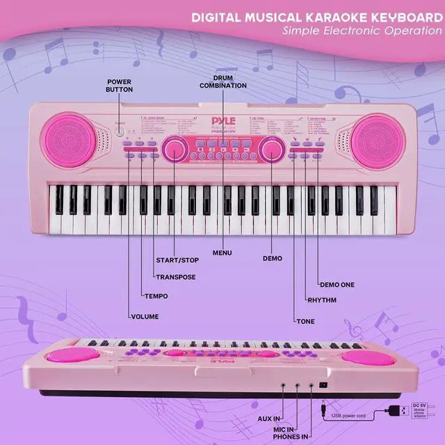 Alt view image 5 of 7 - Pyle Portable Kids Piano Keyboard & Mic Kit, 49-Key Electronic Piano with Built-In Rechargeable Battery, Wired Microphone & Smart Teaching Function - PKBRD4912PK