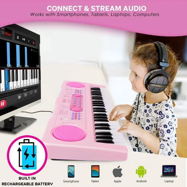 Alt view image 2 of 7 - Pyle Portable Kids Piano Keyboard & Mic Kit, 49-Key Electronic Piano with Built-In Rechargeable Battery, Wired Microphone & Smart Teaching Function - PKBRD4912PK
