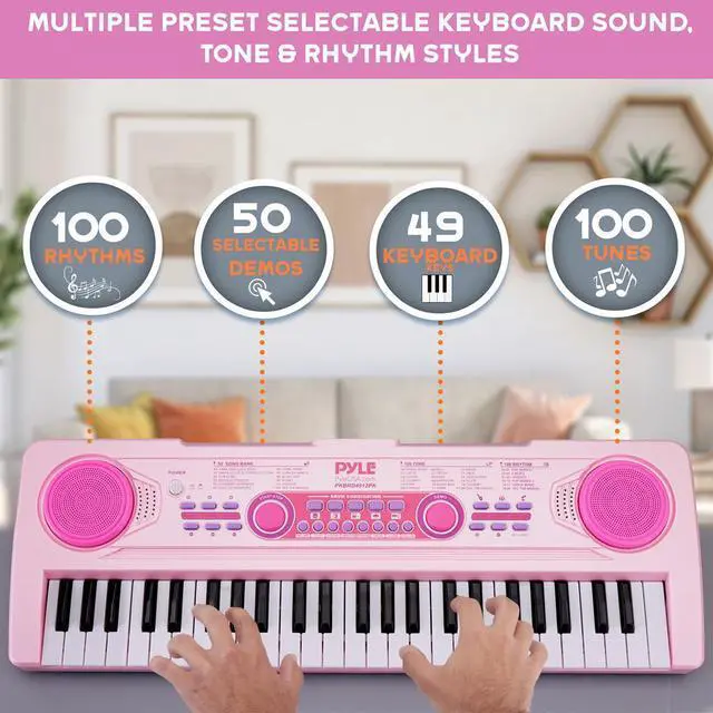 Alt view image 4 of 7 - Pyle Portable Kids Piano Keyboard & Mic Kit, 49-Key Electronic Piano with Built-In Rechargeable Battery, Wired Microphone & Smart Teaching Function - PKBRD4912PK