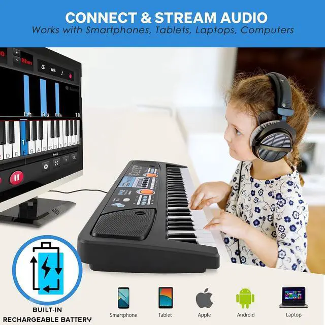 Alt view image 4 of 7 - Pyle 49-Key Portable Piano Keyboard & Wired Microphone, Rechargeable Battery, 2-in-1 Karaoke Function, Digital Music Keyboard - PKBRD4113