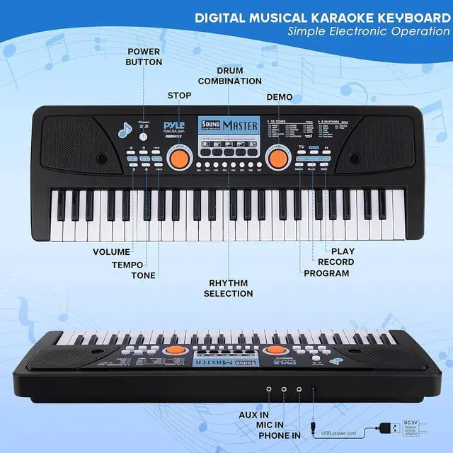 Alt view image 2 of 7 - Pyle 49-Key Portable Piano Keyboard & Wired Microphone, Rechargeable Battery, 2-in-1 Karaoke Function, Digital Music Keyboard - PKBRD4113
