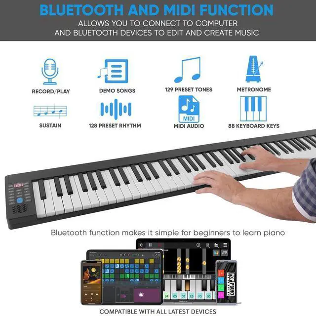 Alt view image 2 of 7 - Pyle Portable Foldable Piano Keyboard, 88 Keys, Bluetooth MIDI, 129 Tones, Record & Playback, with Built-In Stereo Speakers, Sustain Pedal, & Bag - PKBRD8100