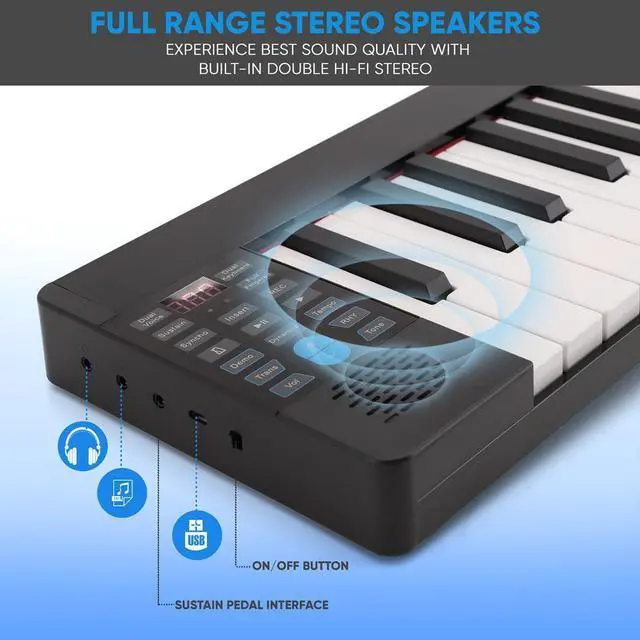 Alt view image 7 of 7 - Pyle Portable Foldable Piano Keyboard, 88 Keys, Bluetooth MIDI, 129 Tones, Record & Playback, with Built-In Stereo Speakers, Sustain Pedal, & Bag - PKBRD8100