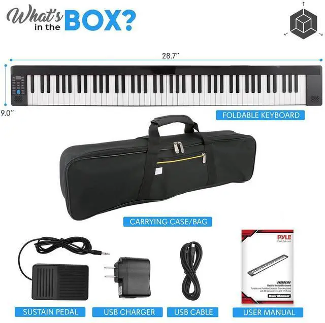 Alt view image 6 of 7 - Pyle Portable Foldable Piano Keyboard, 88 Keys, Bluetooth MIDI, 129 Tones, Record & Playback, with Built-In Stereo Speakers, Sustain Pedal, & Bag - PKBRD8100