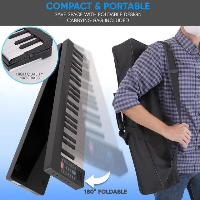 Alt view image 5 of 7 - Pyle Portable Foldable Piano Keyboard, 88 Keys, Bluetooth MIDI, 129 Tones, Record & Playback, with Built-In Stereo Speakers, Sustain Pedal, & Bag - PKBRD8100