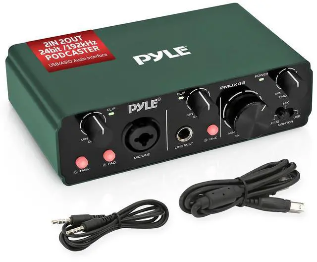 Main image of Pyle USB/ASIO Audio Interface for Recording, Songwriting, Streaming, and Podcasting - 2IN/2OUT 24bit/192kHz Podcaster (Brunswick Green)