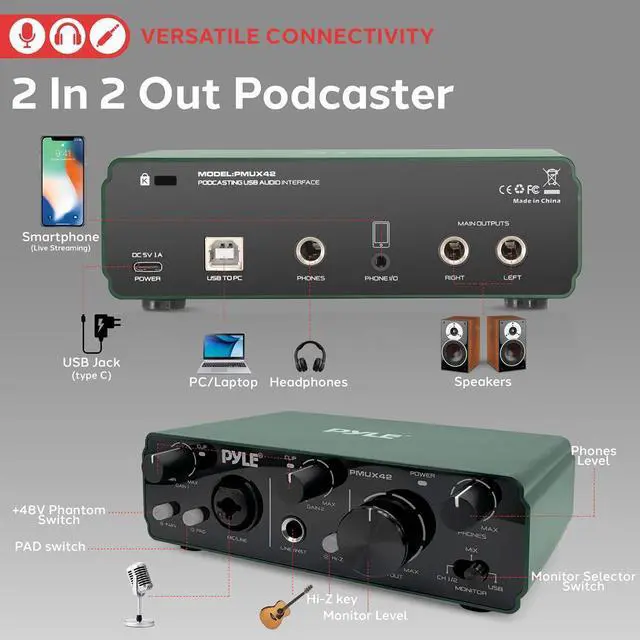 Alt view image 5 of 7 - Pyle USB/ASIO Audio Interface for Recording, Songwriting, Streaming, and Podcasting - 2IN/2OUT 24bit/192kHz Podcaster (Brunswick Green)