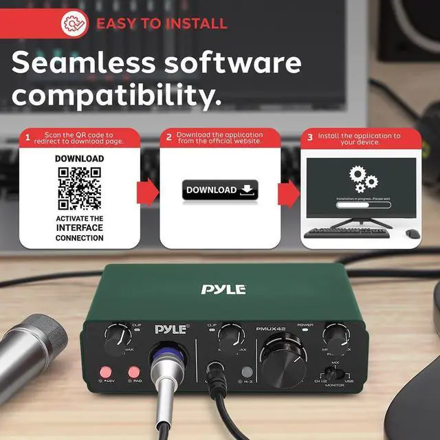 Alt view image 3 of 7 - Pyle USB/ASIO Audio Interface for Recording, Songwriting, Streaming, and Podcasting - 2IN/2OUT 24bit/192kHz Podcaster (Brunswick Green)