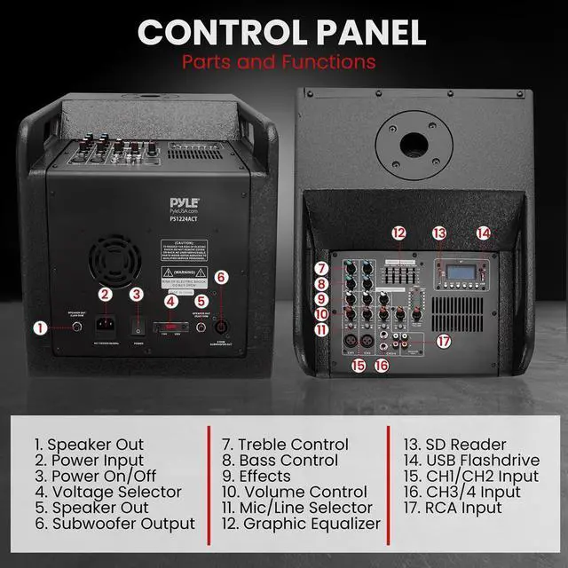 Alt view image 4 of 7 - Pyle Wireless Bluetooth Streaming Active PA Speaker System with 2x12" Subwoofers, 4x4 Woofers, 4x1" Tweeters, EQ, and Remote Control - PS1224ACT