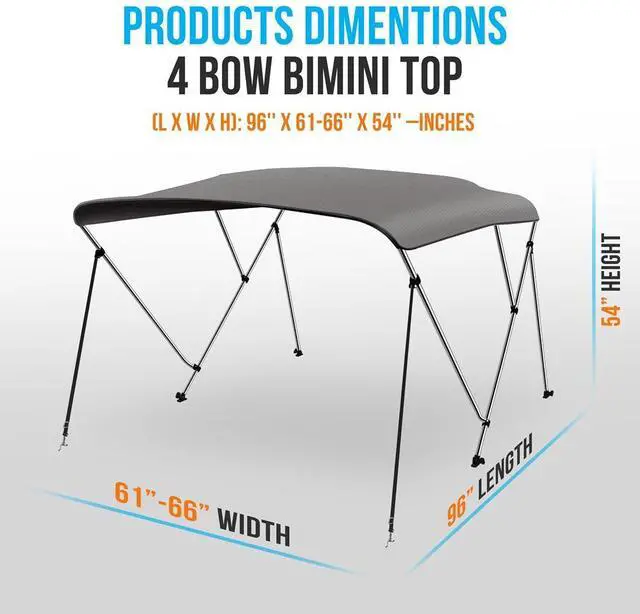 Alt view image 7 of 7 - SereneLife 4 Bow Bimini Top, Gray, Marine-Grade 600D Polyester Canvas, Aluminum Frame, 96'' x 61-66'' x 54'', Includes Storage Boot and Rear Support Poles