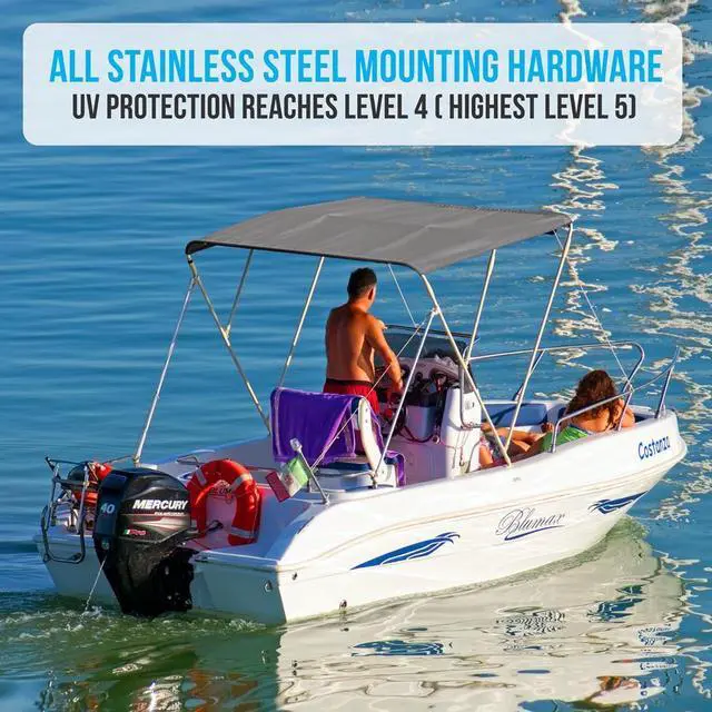 Alt view image 2 of 7 - SereneLife 4 Bow Bimini Top, Gray, Marine-Grade 600D Polyester Canvas, Aluminum Frame, 96'' x 61-66'' x 54'', Includes Storage Boot and Rear Support Poles