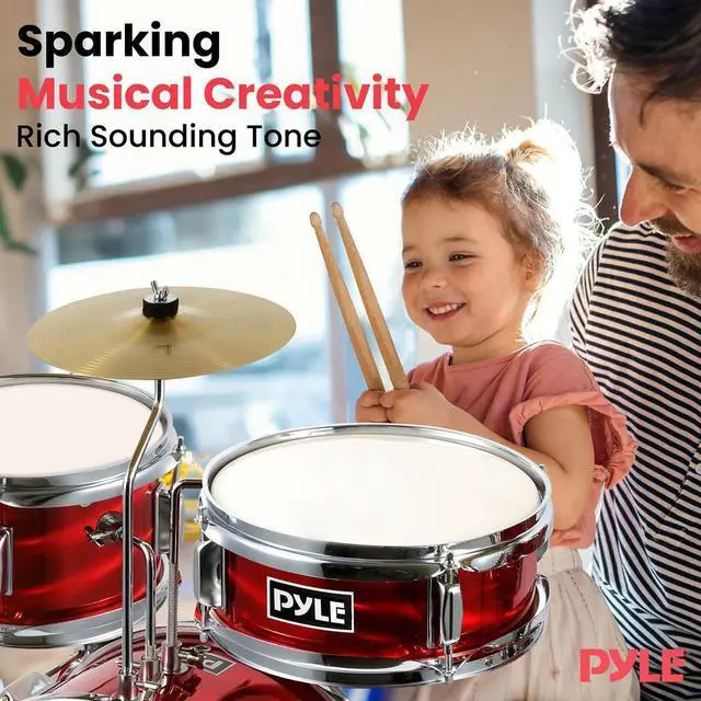 Alt view image 4 of 7 - Pyle 3-Piece Kids/Junior Drum Set, 13'' Bass Drum, Snare, Tom, Cymbal, Throne, Pedal, Drumsticks  Metallic Shiny Red  PDRMKIT72RD