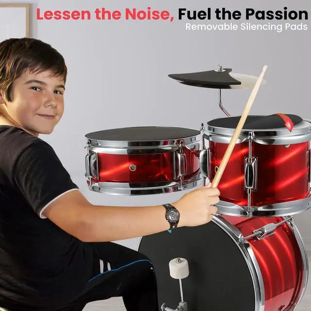Alt view image 2 of 7 - Pyle 3-Piece Kids/Junior Drum Set, 13'' Bass Drum, Snare, Tom, Cymbal, Throne, Pedal, Drumsticks  Metallic Shiny Red  PDRMKIT72RD