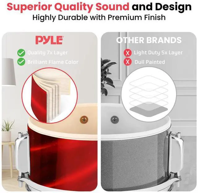 Alt view image 6 of 7 - Pyle 3-Piece Kids/Junior Drum Set, 13'' Bass Drum, Snare, Tom, Cymbal, Throne, Pedal, Drumsticks  Metallic Shiny Red  PDRMKIT72RD