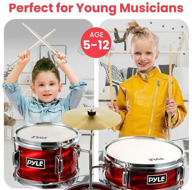 Alt view image 7 of 7 - Pyle 3-Piece Kids/Junior Drum Set, 13'' Bass Drum, Snare, Tom, Cymbal, Throne, Pedal, Drumsticks  Metallic Shiny Red  PDRMKIT72RD