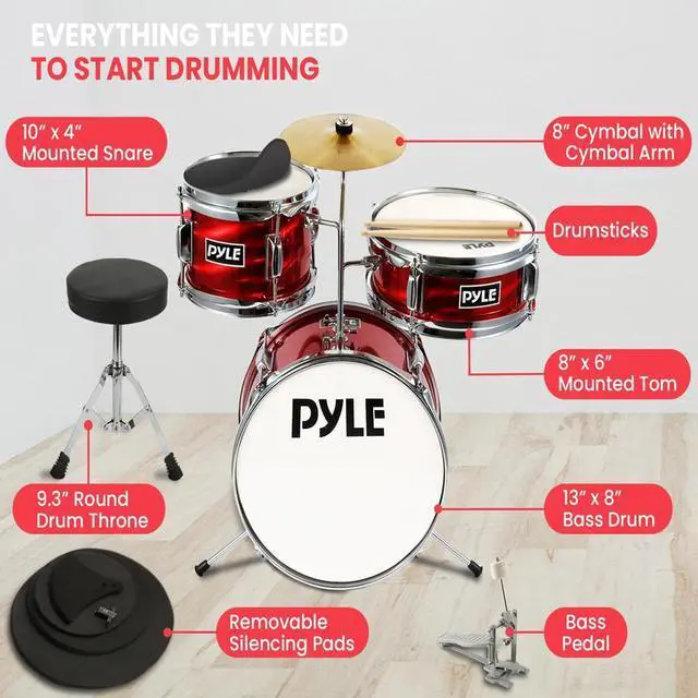 Alt view image 3 of 7 - Pyle 3-Piece Kids/Junior Drum Set, 13'' Bass Drum, Snare, Tom, Cymbal, Throne, Pedal, Drumsticks  Metallic Shiny Red  PDRMKIT72RD