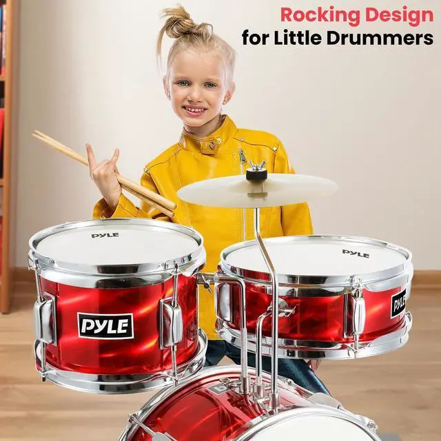 Alt view image 5 of 7 - Pyle 3-Piece Kids/Junior Drum Set, 13'' Bass Drum, Snare, Tom, Cymbal, Throne, Pedal, Drumsticks  Metallic Shiny Red  PDRMKIT72RD