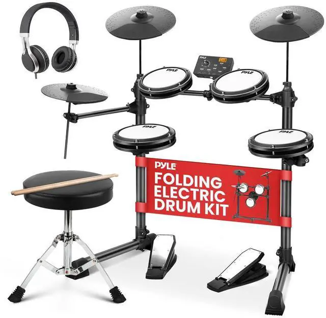 Main image of Pyle Professional Electronic Drum Set, 180 Sound Styles, USB MIDI, Drum Pads with Hi-Hat, Tom-Tom, Snare, Bass Drums, and Cymbals, Includes Foot Pedals, Throne, and Headphones - PEDKITPRO62