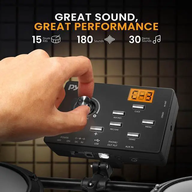 Alt view image 3 of 7 - Pyle Professional Electronic Drum Set, 180 Sound Styles, USB MIDI, Drum Pads with Hi-Hat, Tom-Tom, Snare, Bass Drums, and Cymbals, Includes Foot Pedals, Throne, and Headphones - PEDKITPRO62