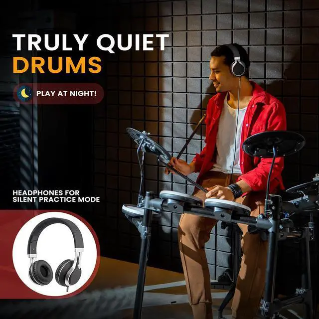 Alt view image 2 of 7 - Pyle Professional Electronic Drum Set, 180 Sound Styles, USB MIDI, Drum Pads with Hi-Hat, Tom-Tom, Snare, Bass Drums, and Cymbals, Includes Foot Pedals, Throne, and Headphones - PEDKITPRO62